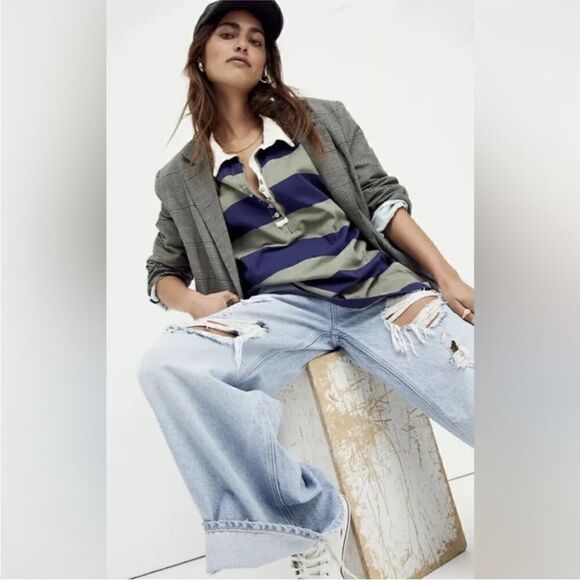 Free People NWT Peyton Rugby Tee in Army Navy Combo Size XS - Picture 1 of 13